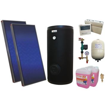 Pachet sistem solar presurizat, 2 panouri solare plane Sunsystem PК SL FP 2.0, Boiler cu 2 serpentine Fornello SOL 200 LT 2S, controller, vas expansiune, grup pompare, aerisitor 1/2, antigel