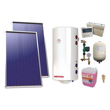 Pachet sistem solar presurizat, 2 x Panou Plan Select PK SL CL NL 2.15 m², Boiler Sunsystem BB NL2 200 PRL 3KW cu doua serpentine, grup pompare, controller, vas expansiune, antigel, aerisitor 1/2