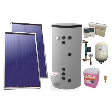 Pachet sistem solar presurizat, 2 x Panou Plan Sunsystem Select PK SL CL NL 2.15 m², Boiler termoelectric cu doua serpentine Eldom FV20060S21, 3000 W, 200 l, grup pompare, controller, vas expansiune, antigel, aerisitor 1/2