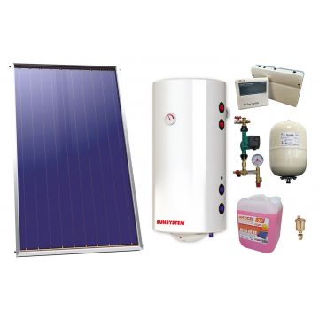 Pachet sistem solar presurizat, Panou Solar plan Sunsystem Select PK SL CL NL 2.15 m², Boiler Sunsystem MB NL2 120 PRL cu doua serpentine, grup pompare, controller, vas expansiune, antigel, aerisitor 1/2