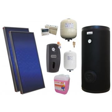 Pachet solar premium, presurizat, 2x panou plan Sunsystem PК SL FP 2.0, Boiler cu 2 serpentine Fornello SOL 200 LT 2S, controller, vas expansiune solar, vas expansiune sanitar, grup pompare Fornello (pompa OHI), aerisitor 1/2, antigel