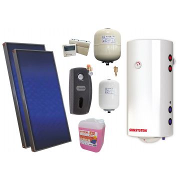 Pachet solar premium, presurizat, 2x panou plan Sunsystem PК SL FP 2.0, Boiler cu 2 serpentine Sunsystem BB NL2 150 PRL 2S, controller, vas expansiune solar, vas expansiune sanitar, grup pompare Fornello (pompa OHI), aerisitor, antigel