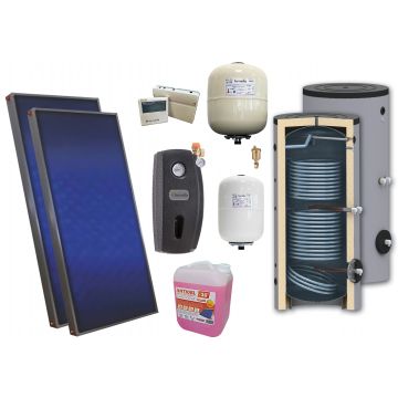 Pachet solar premium, presurizat, 2x panou plan Sunsystem PК SL FP 2.0, Boiler cu 2 serpentine Sunsystem SON 200 2S, controller, vas expansiune solar, vas expansiune sanitar, grup pompare Fornello (pompa OHI), aerisitor 1/2, antigel