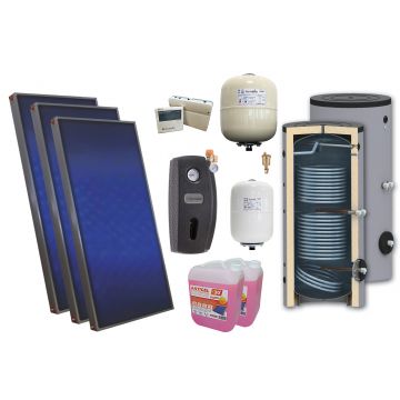 Pachet solar premium, presurizat, 3x panou plan Sunsystem PК SL FP 2.0, Boiler cu 2 serpentine Sunsystem SON 300 2S, controller, vas expansiune solar, vas expansiune sanitar, grup pompare Fornello (pompa OHI), aerisitor, antigel