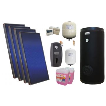 Pachet solar premium, presurizat, 4x panou plan Sunsystem PК SL FP 2.0, Boiler cu 2 serpentine Fornello SOL 300 LT 2S, controller, vas expansiune solar, vas expansiune sanitar, grup pompare Fornello (pompa OHI), aerisitor 1/2, antigel