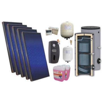 Pachet solar premium, presurizat, 5x panou plan Sunsystem PК SL FP 2.0, Boiler cu 2 serpentine Sunsystem SON 500 2S, controller, vas expansiune solar, vas expansiune sanitar, grup pompare Fornello (pompa OHI), aerisitor, antigel