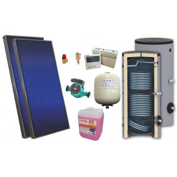 Pachet solar, presurizat, 2x panou plan Sunsystem PК SL FP 2.4, Boiler cu 2 serpentine de sol Sunsystem Son 200 litri, controller, vas expansiune solar, pompa, supapa, aerisitor, antigel