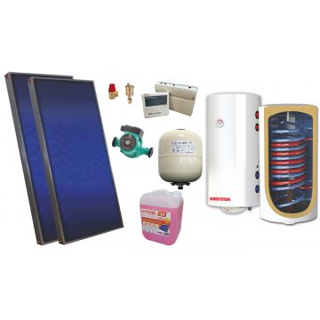 Pachet solar, presurizat, 2x panou plan Sunsystem PК SL FP 2.4, Boiler cu 2 serpentine si rezistenta electrica Sunsystem BB NL2 150 PRL, controller, vas expansiune solar, pompa, supapa, aerisitor, antigel