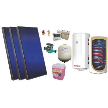 Pachet solar, presurizat, 3x panou plan Sunsystem PК SL FP 2.4, Boiler cu 2 serpentine si rezistenta electrica Sunsystem BB NL2 200 PRL, controller, vas expansiune solar, pompa, supapa, aerisitor, antigel