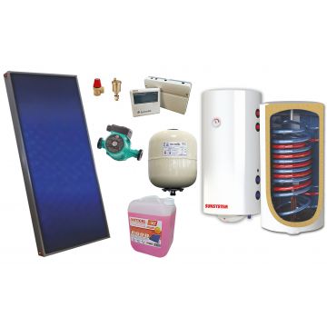 Pachet solar, presurizat, panou plan Sunsystem PК SL FP 2.4, Boiler cu 2 serpentine si rezistenta electrica Sunsystem MB NL2 100 litri, controller, vas expansiune solar, pompa, supapa, aerisitor, antigel