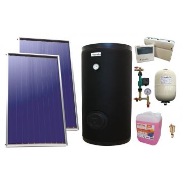 PPachet sistem solar presurizat, 2 x Panou Plan Sunsystem Select PK SL CL NL 2.15 m², Boiler cu 2 serpentine FORNELLO SOL 200 LT 2S, grup pompare, controller, vas expansiune, antigel, aerisitor 1/2