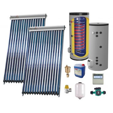 Set Sistem solar presurizat, panou Fornello 40 Tuburi Heat Pipe, boiler cu 2 serpentine si rezistenta electrica Eldom 200 litri cu montaj pe sol, pompa 25-60, controller, vas expansiune, antigel, supapa 1/2, aerisitor 1/2