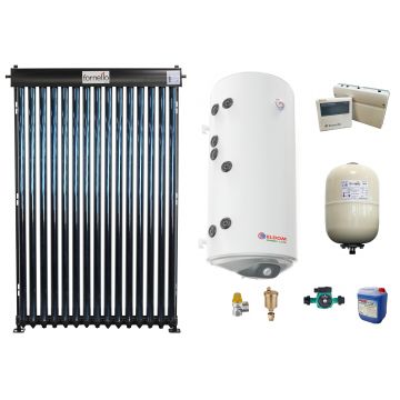 Sistem solar presurizat, panou Fornello 15 Tuburi Heat Pipe, boiler cu 2 serpentine si rezistenta electrica Eldom 120 litri, pompa 25-60, controller, vas expansiune, antigel, supapa 1/2, aerisitor 1/2