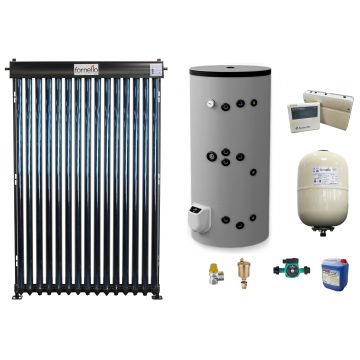 Sistem solar presurizat, panou Fornello 15 Tuburi Heat Pipe,boiler cu 2 serpentine si rezistenta electrica Eldom 150 litri cu montaj pe sol, pompa 25-60, controller, vas expansiune, antigel, supapa 1/2, aerisitor 1/2