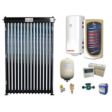 Sistem solar presurizat, panou Fornello 15 Tuburi Heat Pipe, Boiler cu 2 serpentine si rezistenta electrica Sunsystem MB NL2 100 litri, pompa 25-60, controller, vas expansiune, antigel, supapa 1/2, aerisitor 1/2