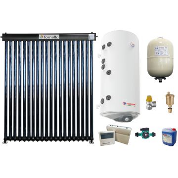 Sistem solar presurizat, panou Fornello 20 Tuburi Heat Pipe, boiler cu 2 serpentine si rezistenta electrica Eldom 150 litri, pompa 25-60, controller, vas expansiune, antigel, supapa 1/2, aerisitor 1/2