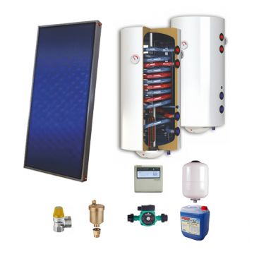 Sistem solar presurizat, panou solar plan Sunsystem PК SL FP 2.0, boiler cu 2 serpentine si rezistenta electrica Sunsystem 100 litri, pompa 25-60, controller, vas expansiune, antigel, supapa 1/2, aerisitor 1/2