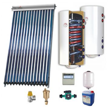 Sistem solar presurizat , panou Sunsystem VTC 20, boiler cu 2 serpentine si rezistenta electrica Sunsystem 150 litri, pompa 25-60, controller, vas expansiune, antigel, supapa 1/2, aerisitor 1/2