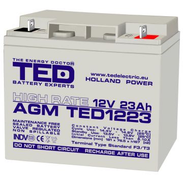 Acumulator AGM VRLA 12V 23A High Rate 181mm x 76mm x h 167mm F3 TED Battery Expert Holland TED003348 (2)