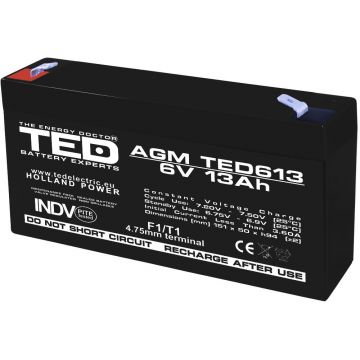 Acumulator AGM VRLA 6V 13A dimensiuni 151mm x 50mm x h 95mm F1 TED Battery Expert Holland TED003010 (10)