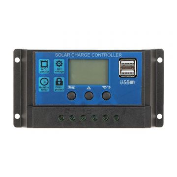 Controler de incarcare pentru panou solar PWM 12V/24V 30A cu display, 2 porturi USB