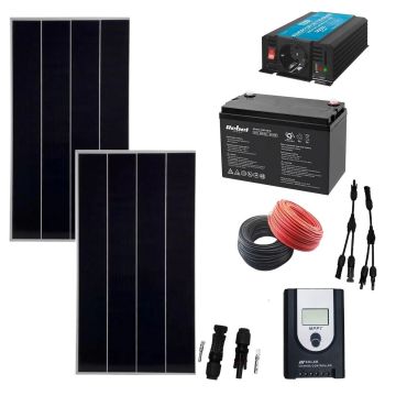 Kit sistem fotovoltaic complet 340W off grid cu 2 panouri solare, invertor 300w la 220v si Acumulator 12V 100 Ah Rebel Power