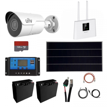 Kit supraveghere Panou solar 170W, camera 4MP IP Poe Starlight UNV IR 50M cu card de 128GB, acumulatori 12V, accesorii, Router Wireless 4G REBEL RB-0702