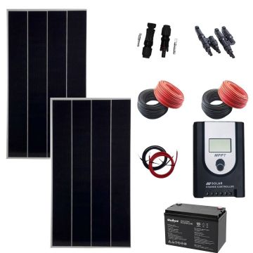 Sistem OFF GRID 340W cu 2 panouri fotovoltaice 170W, acumulator 12V 100AH REBEL, Controler, Cablu de conexiune, set conectori MC4-T, cablu solar 4mm, set conectori MC4 pntru panouri solare