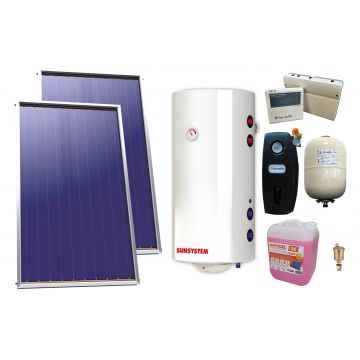 Pachet sistem solar presurizat, 2 x Panou Plan Select PK SL CL NL 2.15 m², Boiler Sunsystem BB NL2 200 PRL 3KW 2 serpentine, grup pompare, controller, vas expansiune, antigel, aerisitor 1/2