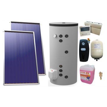 Pachet sistem solar presurizat, 2 x Panou Plan Sunsystem Select PK SL CL NL 2.15 m², Boiler termoelectric Eldom FV20060S21 doua serpentine, 3000 W, 200 l, grup pompare, controller, vas expansiune, antigel, aerisitor 1/2