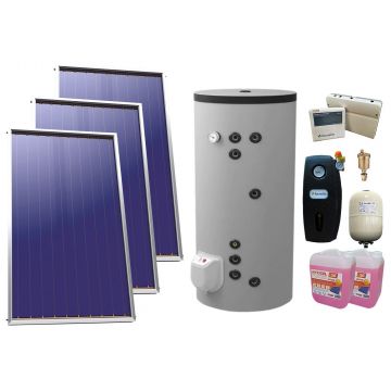 Pachet sistem solar presurizat, 3x Panou Plan Sunsystem Select PK SL CL NL 2.15 m², Boiler cu 2 serpentine Eldom FV30067S21, 9000 W, 300 l, grup pompare, controller, vas expansiune, antigel, aerisitor 1/2